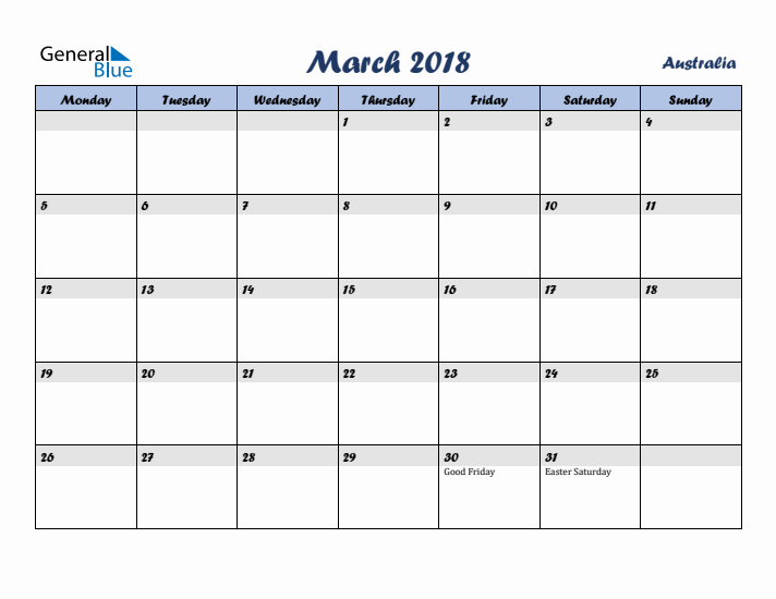 March 2018 Calendar with Holidays in Australia