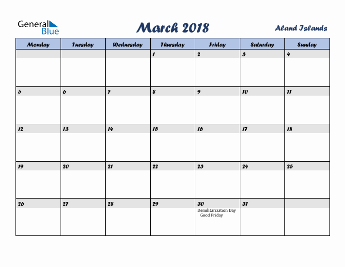 March 2018 Calendar with Holidays in Aland Islands