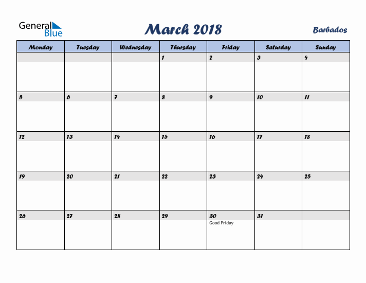 March 2018 Calendar with Holidays in Barbados