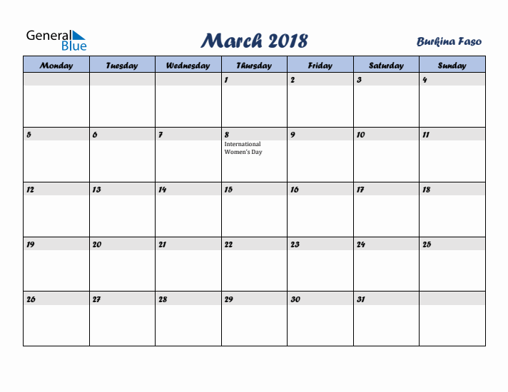 March 2018 Calendar with Holidays in Burkina Faso