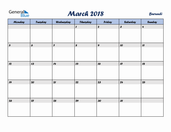 March 2018 Calendar with Holidays in Burundi