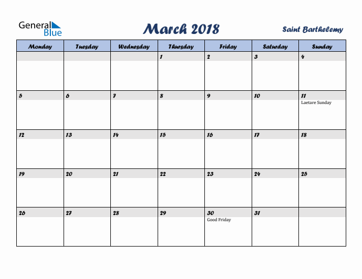 March 2018 Calendar with Holidays in Saint Barthelemy