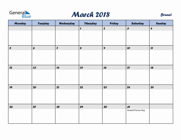 March 2018 Calendar with Holidays in Brunei