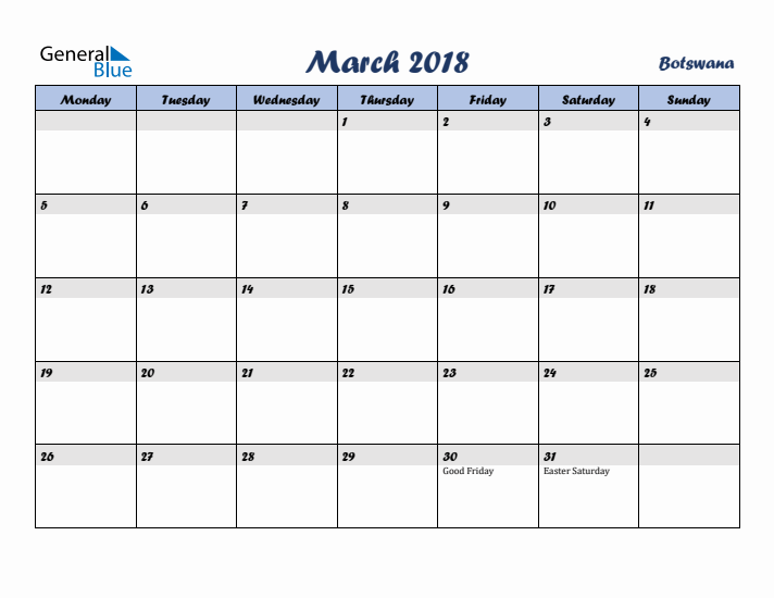 March 2018 Calendar with Holidays in Botswana