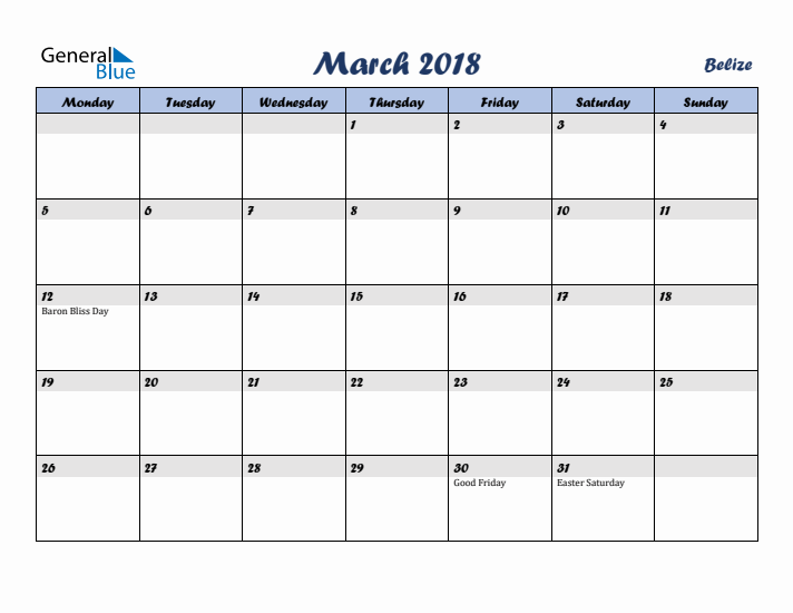 March 2018 Calendar with Holidays in Belize