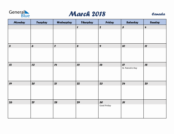 March 2018 Calendar with Holidays in Canada