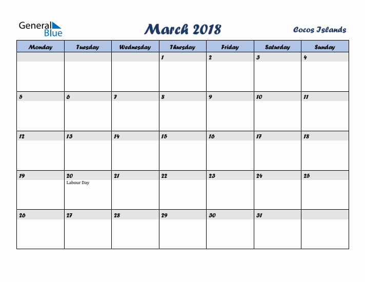 March 2018 Calendar with Holidays in Cocos Islands