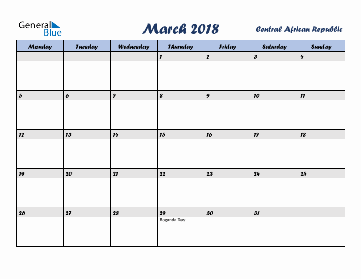 March 2018 Calendar with Holidays in Central African Republic