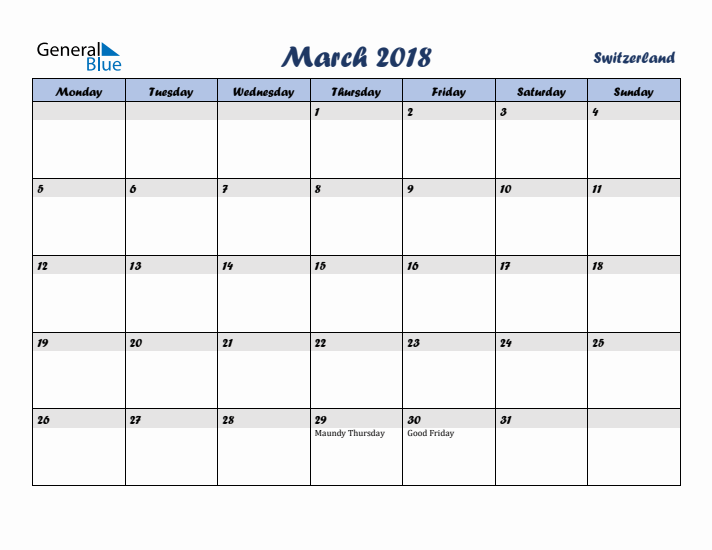 March 2018 Calendar with Holidays in Switzerland