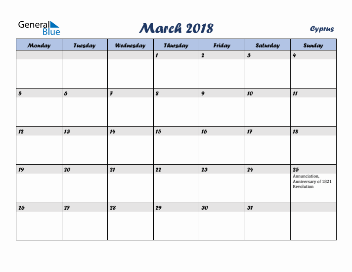 March 2018 Calendar with Holidays in Cyprus