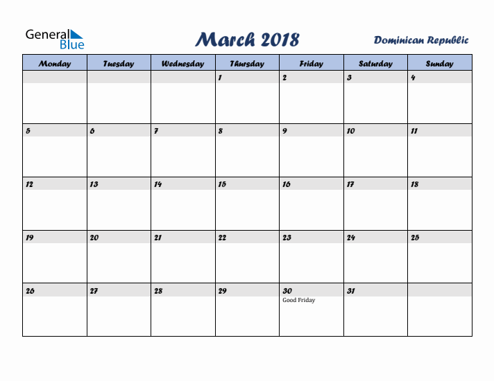 March 2018 Calendar with Holidays in Dominican Republic