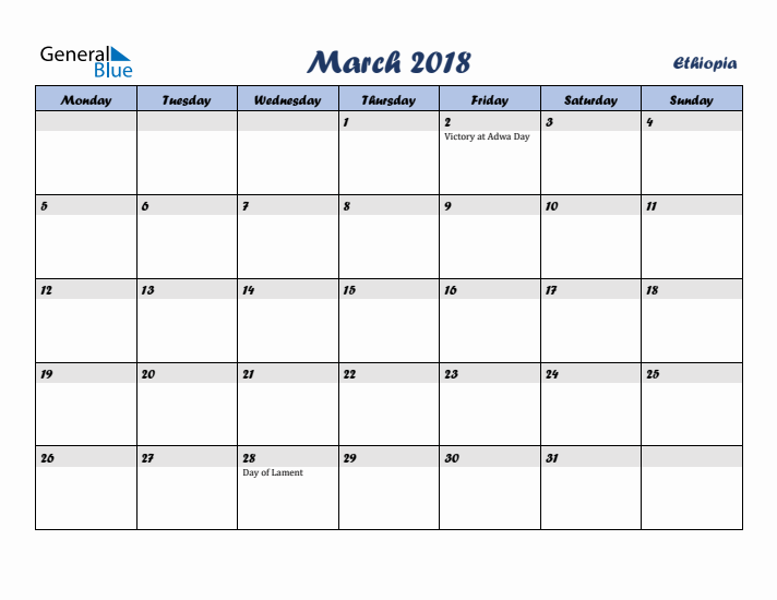 March 2018 Calendar with Holidays in Ethiopia