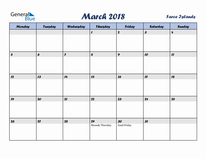 March 2018 Calendar with Holidays in Faroe Islands