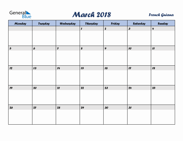 March 2018 Calendar with Holidays in French Guiana
