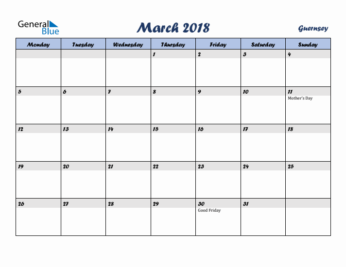 March 2018 Calendar with Holidays in Guernsey