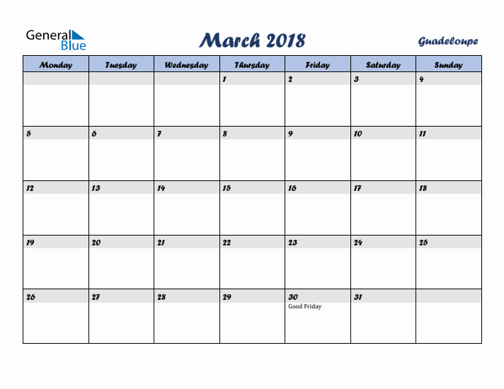 March 2018 Calendar with Holidays in Guadeloupe