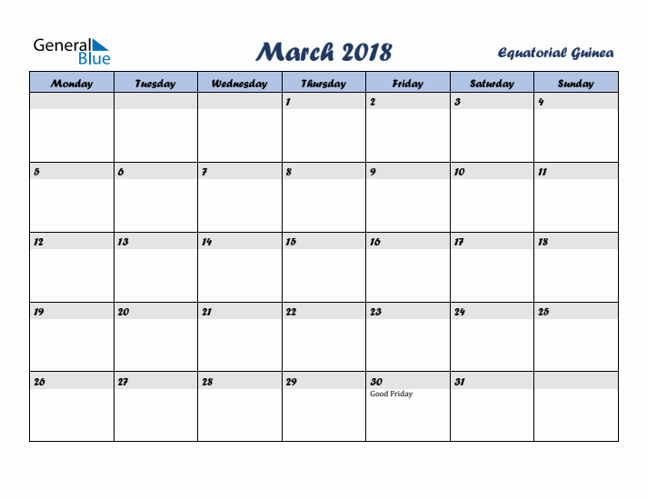 March 2018 Calendar with Holidays in Equatorial Guinea
