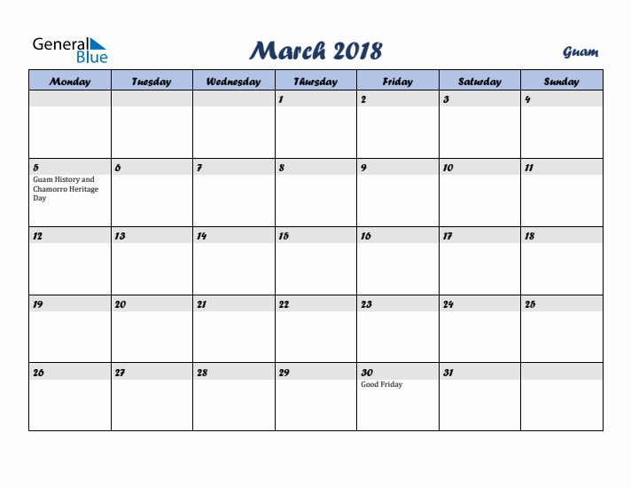 March 2018 Calendar with Holidays in Guam