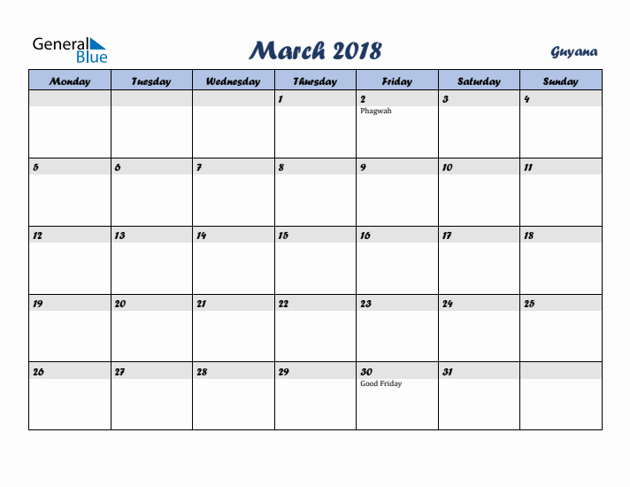 March 2018 Calendar with Holidays in Guyana