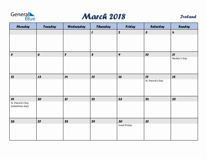 March 2018 Calendar with Holidays in Ireland