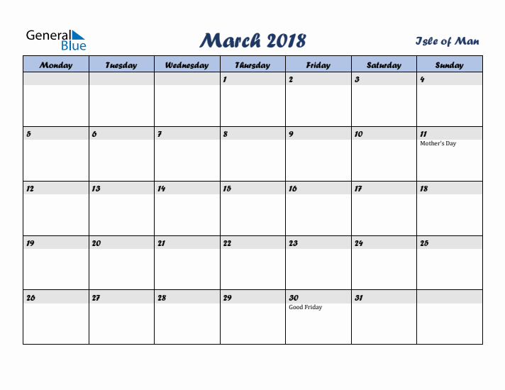 March 2018 Calendar with Holidays in Isle of Man