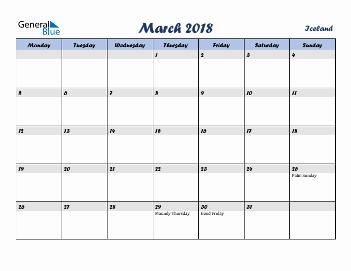 March 2018 Calendar with Holidays in Iceland