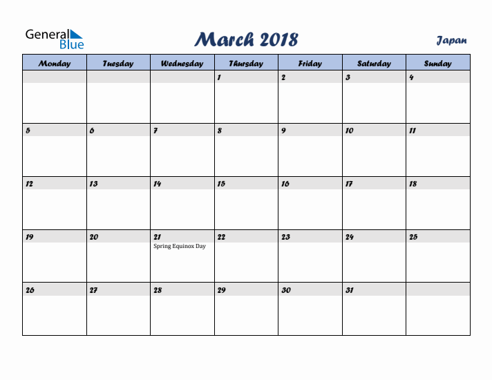 March 2018 Calendar with Holidays in Japan