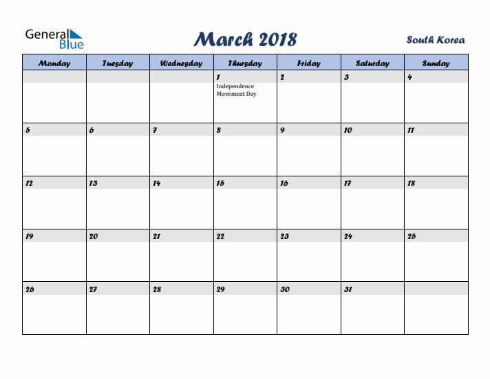 March 2018 Calendar with Holidays in South Korea