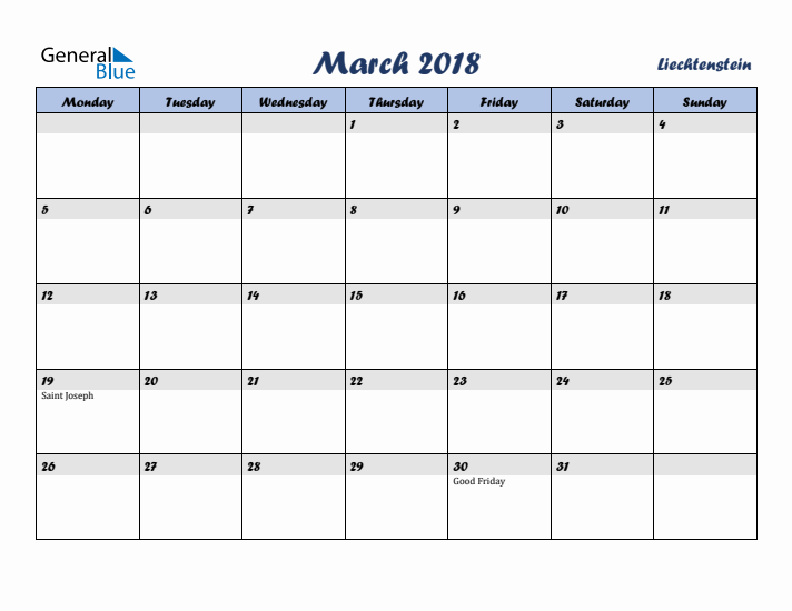 March 2018 Calendar with Holidays in Liechtenstein