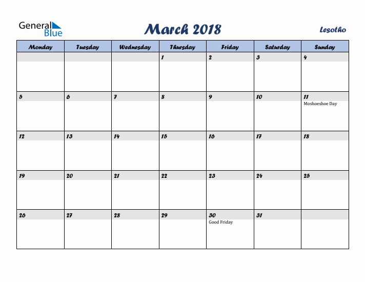 March 2018 Calendar with Holidays in Lesotho