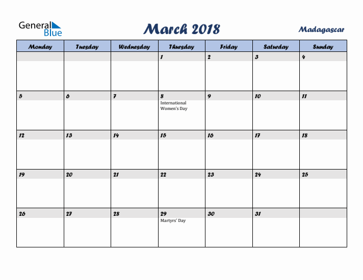 March 2018 Calendar with Holidays in Madagascar