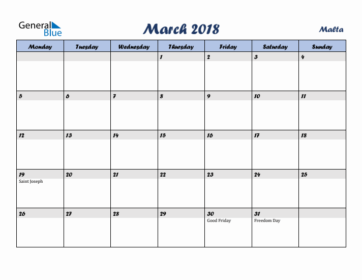 March 2018 Calendar with Holidays in Malta