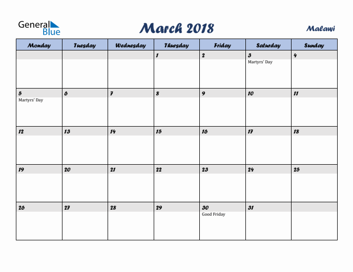 March 2018 Calendar with Holidays in Malawi