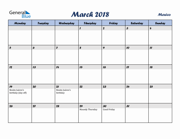 March 2018 Calendar with Holidays in Mexico