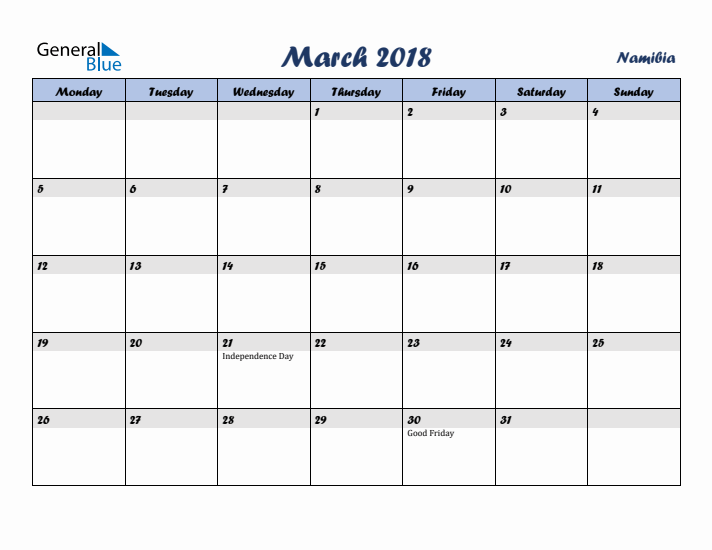 March 2018 Calendar with Holidays in Namibia