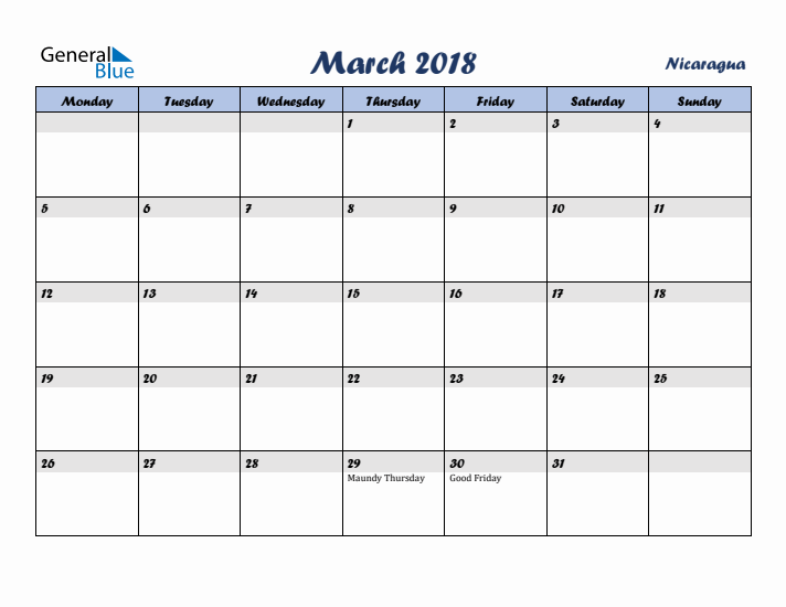 March 2018 Calendar with Holidays in Nicaragua
