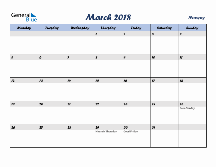 March 2018 Calendar with Holidays in Norway