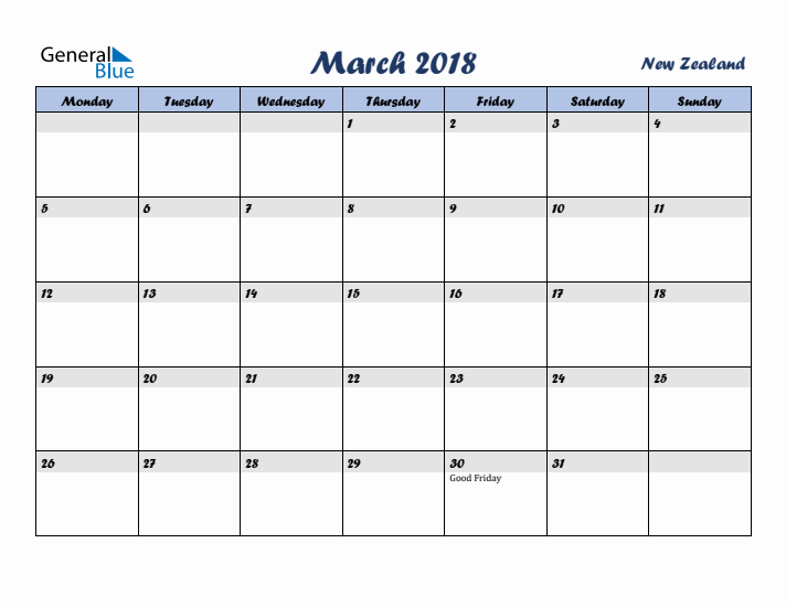 March 2018 Calendar with Holidays in New Zealand