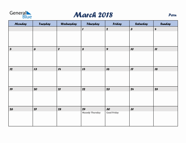 March 2018 Calendar with Holidays in Peru