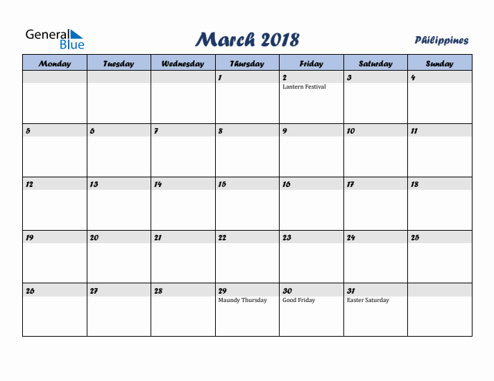 March 2018 Calendar with Holidays in Philippines