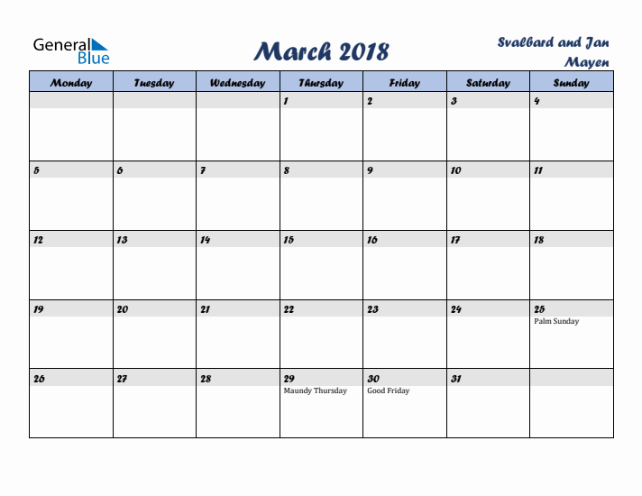 March 2018 Calendar with Holidays in Svalbard and Jan Mayen