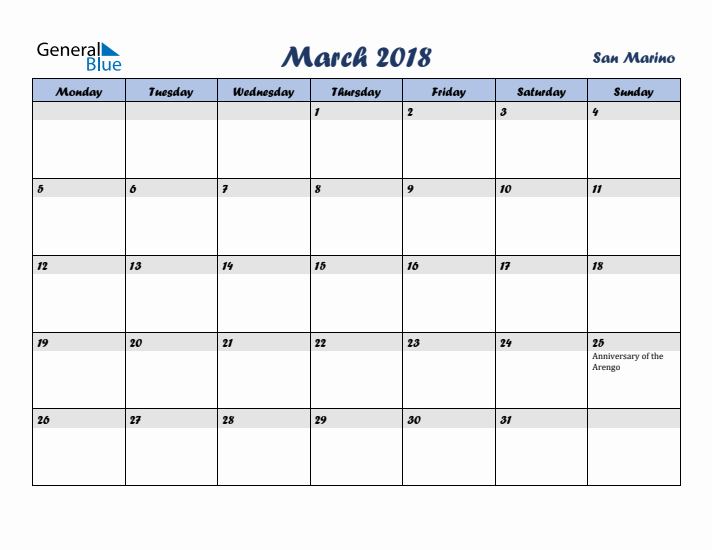 March 2018 Calendar with Holidays in San Marino
