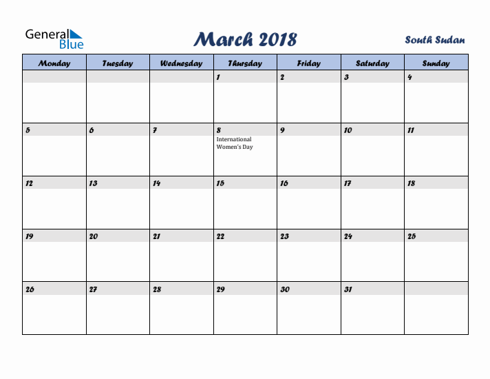 March 2018 Calendar with Holidays in South Sudan