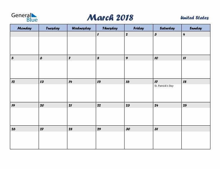 March 2018 Calendar with Holidays in United States