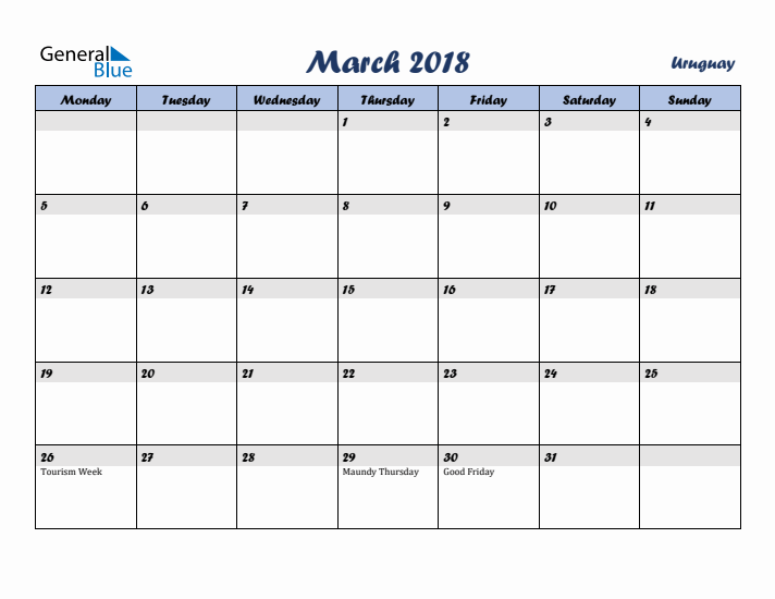 March 2018 Calendar with Holidays in Uruguay