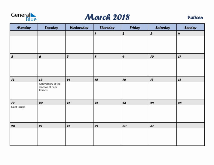 March 2018 Calendar with Holidays in Vatican