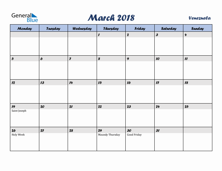 March 2018 Calendar with Holidays in Venezuela
