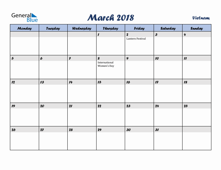 March 2018 Calendar with Holidays in Vietnam