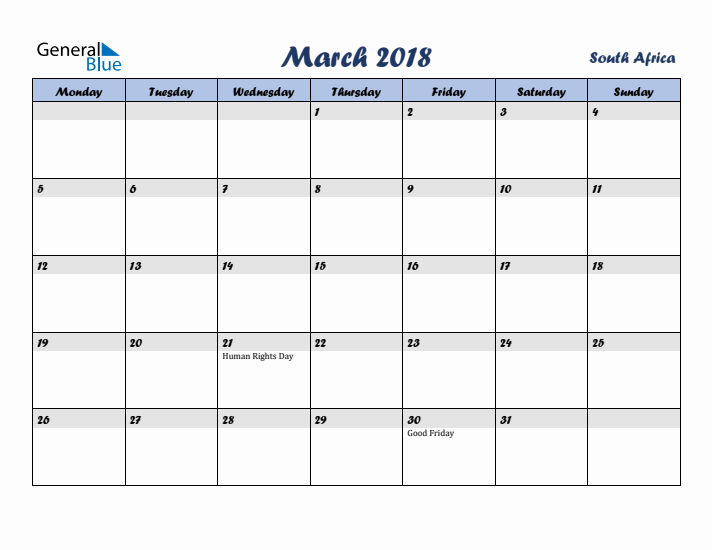 March 2018 Calendar with Holidays in South Africa