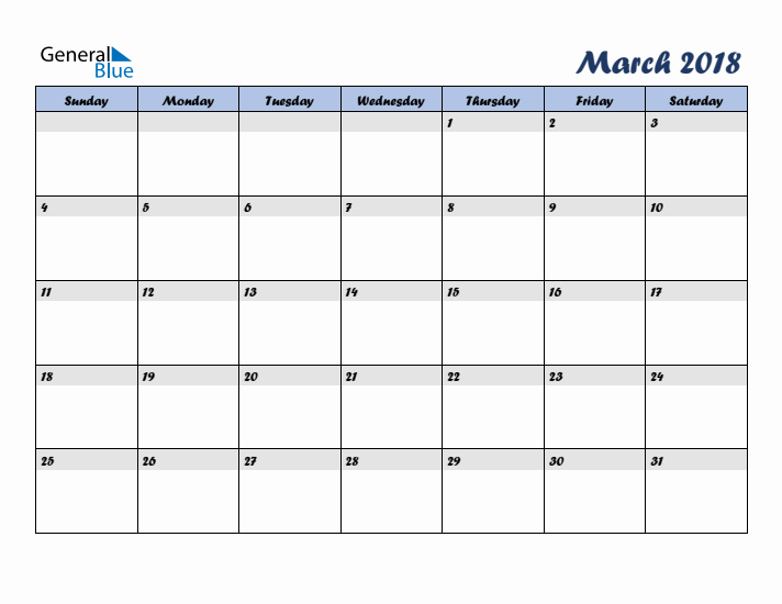 March 2018 Blue Calendar (Sunday Start)